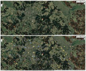 Satelliten-Aufnahmen der Region Berlin mit südlichem Umland – von Brandenburg/Havel bis nach Polen. Auffällig: großflächiger Holzeinschlag für das Tesla-Autowerk bei Grünheide (S-O), Waldbrandgebiet Beelitz 2022 (S-W); intensiverer Holzeinschlag in Polen Quelle: Screenshot RADD Warnmelder Copyright: CC-BY 4.0 RADD Europe