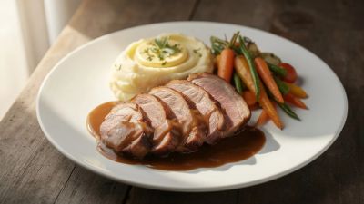 Bratengericht auf Teller mit  Beilage