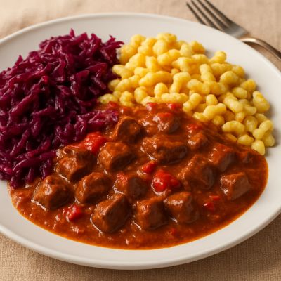Wildpfeffer mit Spätzli und Rotkraut 