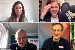 Während der Podcast-Episode sprechen Christin Hasken und Dr. Tanja Busse mit Prof. Dr.-Ing. Manfred Fischedick und Dr. Eckart von Hirschhausen (von links, oben nach unten)über die Rolle von Humor im Rahmen der Wissenschaftskommunikation.  Wuppertal Institut