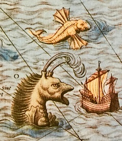 Bild eines Fabelwesen auf dem Ausschnitt einer Seekarte
