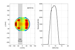 Simulierte Druckverteilung im Reifenlatsch zu einem Zeitpunkt (links) und resultierende WIM-Sensorkraft als Funktion der Zeit.  Grafik: Fraunhofer LBF