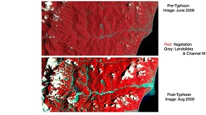 Satellitenaufnahmen vor und nach dem Taifun zeigen die immense Erosion. Der Sturm beeinflusste damit sogar die Erdbebenaktivität.  LANDSAT  NASA, LANDSAT