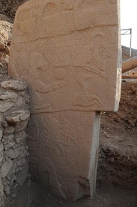 Pfeiler 43 aus Göbekli Tepe mit der Darstellung eines Geiers mit ausgebreitetem Gefieder. Geier waren nicht nur die wichtigsten Vögel in der Ikonographie der frühneolithischen Jäger-Sammlergruppen, die Vögel wurden auch bejagt.  N. Pöllath  SNSB-SPM