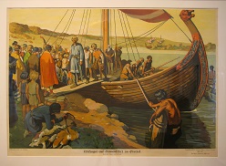 „Wikinger auf Binnenfahrt im Odertal“ aus dem Verlag „Der praktische Schulmann“ nach einem Original von Willy Planck, Publikationsjahr 1937. © Gustav-Lübcke-Museum