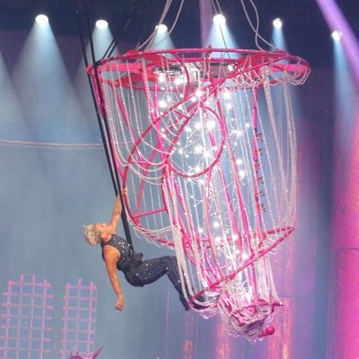 Pink schwebt  im fliegenden Käfig auf die Bühne