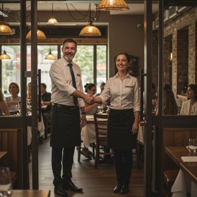 Ein Wirtepaar empfangt Gäste sehr freundlich in ihrem Restaurant 