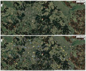 Satelliten-Aufnahmen der Region Berlin mit südlichem Umland – von Brandenburg/Havel bis nach Polen. Auffällig: großflächiger Holzeinschlag für das Tesla-Autowerk bei Grünheide (S-O), Waldbrandgebiet Beelitz 2022 (S-W); intensiverer Holzeinschlag in Polen  Quelle: Screenshot RADD Warnmelder  Copyright: CC-BY 4.0 RADD Europe