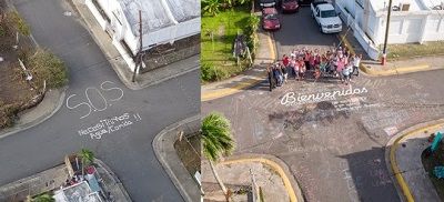 Links das Bild kurz nach dem Hurrikan und rechts die Willkommens-Botschaft dieser Tage / © Discover Puerto Rico 
