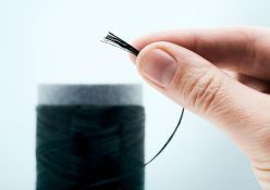 Hauchdünn und leistungsstark: Die biobasierten Carbonfasern können Durchmesser von deutlich unter vier Mikrometern erreichen. Ihre mechanische, elektrische und thermische Performance erreicht dabei die, herkömmlicher erdölbasierter Carbo Quelle: ©Fraunhofer IAP/Kristin Stein