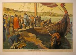 „Wikinger auf Binnenfahrt im Odertal“ aus dem Verlag „Der praktische Schulmann“ nach einem Original von Willy Planck, Publikationsjahr 1937. © Gustav-Lübcke-Museum