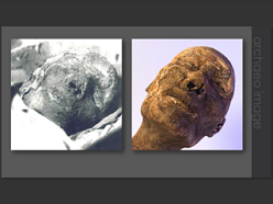 Originalfoto der Hammer Mumie (links) sowie der für die Ausstellung gefertigte 3D-Druck (rechts)