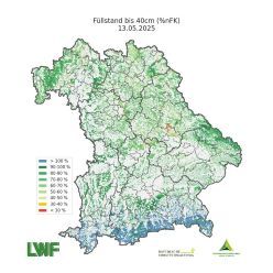 Einblick in den WaldDürreMonitor Bayern: Wasservorrat bis 40 cm Bodentiefe der den Wäldern in Bayern zur Zeit zur Verfügung steht (= %nFK, d.h. Prozentanteil der nutzbaren Feldkapazität) Quelle: Axel Wellpott, LWF