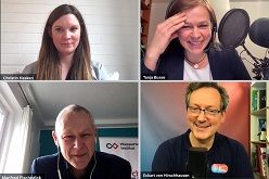 Während der Podcast-Episode sprechen Christin Hasken und Dr. Tanja Busse mit Prof. Dr.-Ing. Manfred Fischedick und Dr. Eckart von Hirschhausen (von links, oben nach unten)über die Rolle von Humor im Rahmen der Wissenschaftskommunikation.  Wuppertal Institut