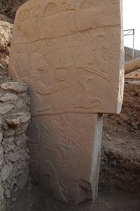 Pfeiler 43 aus Göbekli Tepe mit der Darstellung eines Geiers mit ausgebreitetem Gefieder. Geier waren nicht nur die wichtigsten Vögel in der Ikonographie der frühneolithischen Jäger-Sammlergruppen, die Vögel wurden auch bejagt.  N. Pöllath  SNSB-SPM