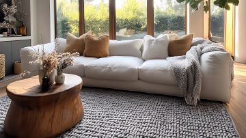 Ein gemütliches Wohnzimmer mit einem großen Teppich Symbolbild