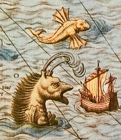 Bild eines Fabelwesen auf dem Ausschnitt einer Seekarte