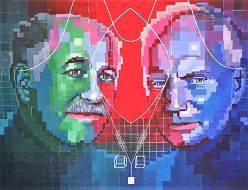 Das Gemälde des österreichischen Kunstmalers Jürgen Jaumann zeigt Otto Stern (links) und Walther Gerlach (rechts). Die Idee zur Grafik in der Mitte stammt vom Physik-Nobelpreisträger Theodor Hänsch.  Bild: Jürgen Jaumann