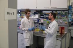 Der Biochemiker Patrick Penndorf im Gespräch mit Jakob Sprague (Abteilung Mikrobielle Pathogenitätsmechanismen) über die Möglichkeiten zur Protokolloptimierung und den Einsatz nachhaltiger Lösungen im Labor. Copyright: © Leibniz-HKI