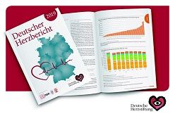 Der neue Deutsche Herzbericht 2019, Europas einzigartige herzmedizinische Versorgungsanalyse für Mediziner, Versorgungsforscher, Verantwortliche im Gesundheitswesen und Medienvertreter.  Collage: DHS; Cover: Thieme